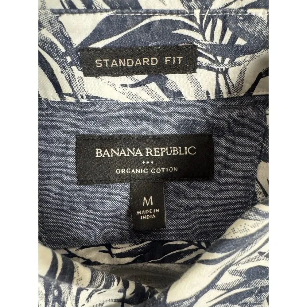 Banana Republic Men’s M Organic Cotton Tropical Leaf Shirt Blue White Standard